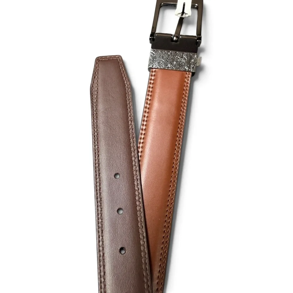 Robert Graham Reversible Belt 36 Brown Leather Paisley Engraved Buckle Gunmetal